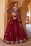 Buy_Vvani by Vani Vats_Maroon Velvet Dupatta Net Embroidery V Neck Bridal Lehenga Set _at_Aza_Fashions