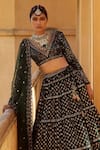 Buy_Vvani by Vani Vats_Green Velvet Dupatta Net Embroidery V Neck Bridal Lehenga Set _at_Aza_Fashions