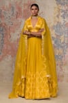 Devnaagri_Yellow Silk Organza V Neck Lehenga Set _Online_at_Aza_Fashions