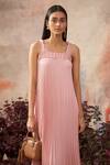 Buy_Pleats By Aruni_Pink Satin Crepe Plain Square Neck Pleated Slip Dress_Online_at_Aza_Fashions