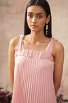 Shop_Pleats By Aruni_Pink Satin Crepe Plain Square Neck Pleated Slip Dress_Online_at_Aza_Fashions