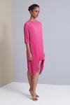 Scarlet Sage_Pink 100% Polyester Round Sybil Pleated Asymmetric Tunic_Online_at_Aza_Fashions