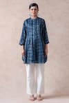 Thetaa_Blue Polyester Printed Stripes Band Collar Kurta With Contrast Pant _Online_at_Aza_Fashions