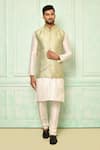 Buy_Arihant Rai Sinha_Green Jacquard Geometric Embroidered Bundi_at_Aza_Fashions