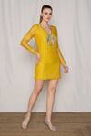 Amrta By Guneet Kondal_Yellow Cotton, Silk, Viscose Beads, Embroidery V-neck V Short Dress _at_Aza_Fashions