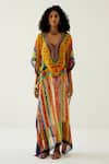 Buy_Payal Jain_Yellow Georgette Floral V Neck Side Slit Abstract Pattern Kaftan _Online_at_Aza_Fashions