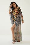 Payal Jain_Black Georgette Abstract Pattern V Neck Striped Kaftan_Online_at_Aza_Fashions