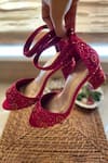 Shop_Modanta Footwear_Red Embroidery Bead Block Heels _at_Aza_Fashions