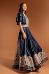 Sejal Kamdar_Blue Pure Satin Crepe And Gajji Silk Print & Floral Ruffle Sleeve Gown  _Online_at_Aza_Fashions