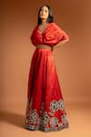 Sejal Kamdar_Red Pure Satin Crepe Placement Patch Work Floral V Neck Gown With Belt  _Online_at_Aza_Fashions