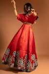 Buy_Sejal Kamdar_Red Pure Satin Crepe Placement Patch Work Floral V Neck Gown With Belt  _Online_at_Aza_Fashions