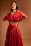 Shop_Sejal Kamdar_Red Pure Satin Crepe Placement Patch Work Floral V Neck Gown With Belt  _Online_at_Aza_Fashions