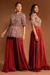 Sejal Kamdar_Maroon Pure Satin Crepe Embellished Ajrak Yoke Flared Jumpsuit  _Online_at_Aza_Fashions