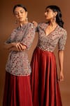 Buy_Sejal Kamdar_Maroon Pure Satin Crepe Embellished Ajrak Yoke Flared Jumpsuit  _Online_at_Aza_Fashions