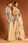 Sejal Kamdar_Beige Pure Satin Crepe Embellished Cutdana Ajrak Peplum Jumpsuit  _at_Aza_Fashions