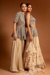 Sejal Kamdar_Ivory Pure Satin Crepe Embellished Ajrak Scoop And Gajji Silk Tiered Lehenga Set _at_Aza_Fashions