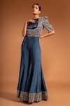 Sejal Kamdar_Blue Pure Satin Crepe Printed Bodice And Hemline Ajrak Square Jumpsuit  _Online_at_Aza_Fashions