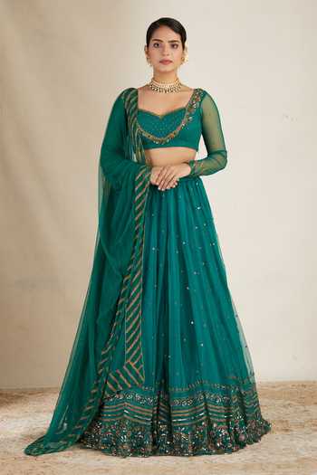 ASTHA NARANG_Green Net, Crepe, Nylon Sequins, Embroidery, Cut Work Floral Lehenga Set _Online_at_Aza_Fashions