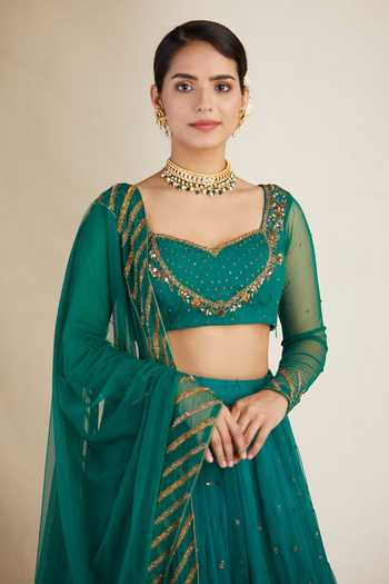 Shop_ASTHA NARANG_Green Net, Crepe, Nylon Sequins, Embroidery, Cut Work Floral Lehenga Set _Online_at_Aza_Fashions