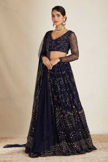 ASTHA NARANG_Blue Net, Crepe Embroidery, Sequins, Cut Metallic Floral Bridal Lehenga Set _Online_at_Aza_Fashions