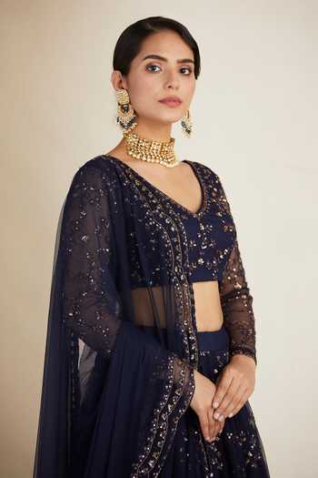 Buy_ASTHA NARANG_Blue Net, Crepe Embroidery, Sequins, Cut Metallic Floral Bridal Lehenga Set _Online_at_Aza_Fashions