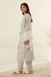 Cotton and Clay_White Chanderi Hand Block Print Stripe Jacket Open Kimono Top Trouser Set _at_Aza_Fashions