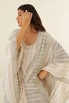 Shop_Cotton and Clay_White Chanderi Hand Block Print Stripe Jacket Open Kimono Top Trouser Set 