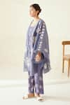 Cotton and Clay_Blue Chanderi Hand Block Print Bouquet Jacket Kimono Top Trouser Set  _at_Aza_Fashions