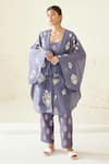 Buy_Cotton and Clay_Blue Chanderi Hand Block Print Bouquet Jacket Kimono Top Trouser Set  