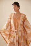 Shop_Cotton and Clay_Orange Modal Hand Block Printed Patchwork Chanderi Kimono Trouser Set  