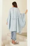 Shop_Cotton and Clay_Blue Modal Hand Block Printed French Knots Inner Kimono Trouser Set  _at_Aza_Fashions