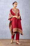 Torani_Red Cotton, Silk Embroidery V-neck Sindoori Aaira Kaftan And Pant Set _Online_at_Aza_Fashions