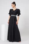 Shop_Aakaar_Black Silk Beads, Crystals V-neck Angel Sleeve Jumpsuit With Belt _Online_at_Aza_Fashions