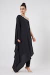 Aakaar_Black Moss Crepe Plain Crystal Shawl One Shoulder Asymmetrical Kaftan Pant Set _at_Aza_Fashions