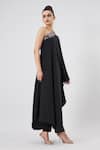 Shop_Aakaar_Black Modal Embroidery Asymmetric One Shoulder Kaftan And Pant Set _Online_at_Aza_Fashions