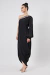 Buy_Aakaar_Black Silk Crepe Embellished Crystal Asymmetric Cowl Draped Dress _Online_at_Aza_Fashions