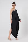 Shop_Aakaar_Black Silk Crepe Embellished Crystal Asymmetric Cowl Draped Dress _Online_at_Aza_Fashions