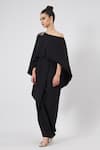 Buy_Aakaar_Black Moss Crepe Plain Crystal One Shoulder Noir Cape Gown _Online_at_Aza_Fashions