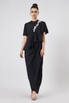 Shop_Aakaar_Black Moss Crepe Plain Sequin Band Collar Noir Cascade Drape Gown _Online_at_Aza_Fashions