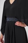 Aakaar_Black Silk Crystals V-neck Pleated Gown With Embellished Belt Set _Online_at_Aza_Fashions