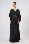 Buy_Aakaar_Black Silk Crystals V-neck Pleated Gown With Embellished Belt Set _Online_at_Aza_Fashions