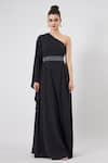 Buy_Aakaar_Black Moss Crepe Plain Crystal One Shoulder Gown And Embroidered Belt Set _Online_at_Aza_Fashions