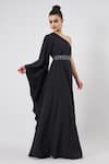 Shop_Aakaar_Black Moss Crepe Plain Crystal One Shoulder Gown And Embroidered Belt Set _Online_at_Aza_Fashions