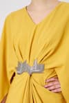 Aakaar_Yellow Moss Crepe Plain Metal V Neck Draped Embellished Gown _Online_at_Aza_Fashions