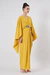 Buy_Aakaar_Yellow Moss Crepe Plain Metal V Neck Draped Embellished Gown _Online_at_Aza_Fashions