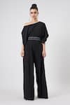 Buy_Aakaar_Black Muslin Beads, Crystals, Sequins Boat Draped Jumpsuit With Embellished Belt _Online_at_Aza_Fashions
