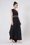Shop Aakaar Black Muslin Beads, Crystals, Sequins One Shoulder Gown With Embellished Belt Online at Aza Fashions Shop_Aakaar_Black Muslin Beads, Crystals, Sequins One Shoulder Gown With Embellished Belt _Online_at_Aza_Fashions
