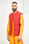 Shop Rajesh Pratap Singh Red Viscose Textured Nehru Jacket Online at Aza Fashions Shop_Rajesh Pratap Singh_Red Viscose Textured Nehru Jacket _Online_at_Aza_Fashions