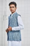 Shop_Rajesh Pratap Singh_Blue Linen Dantra Handwoven Bundi _Online_at_Aza_Fashions