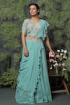 Buy_Usha Bagri_Blue Organza Embroidery V Neck Lehenga Set With Ruffle Dupatta  _at_Aza_Fashions